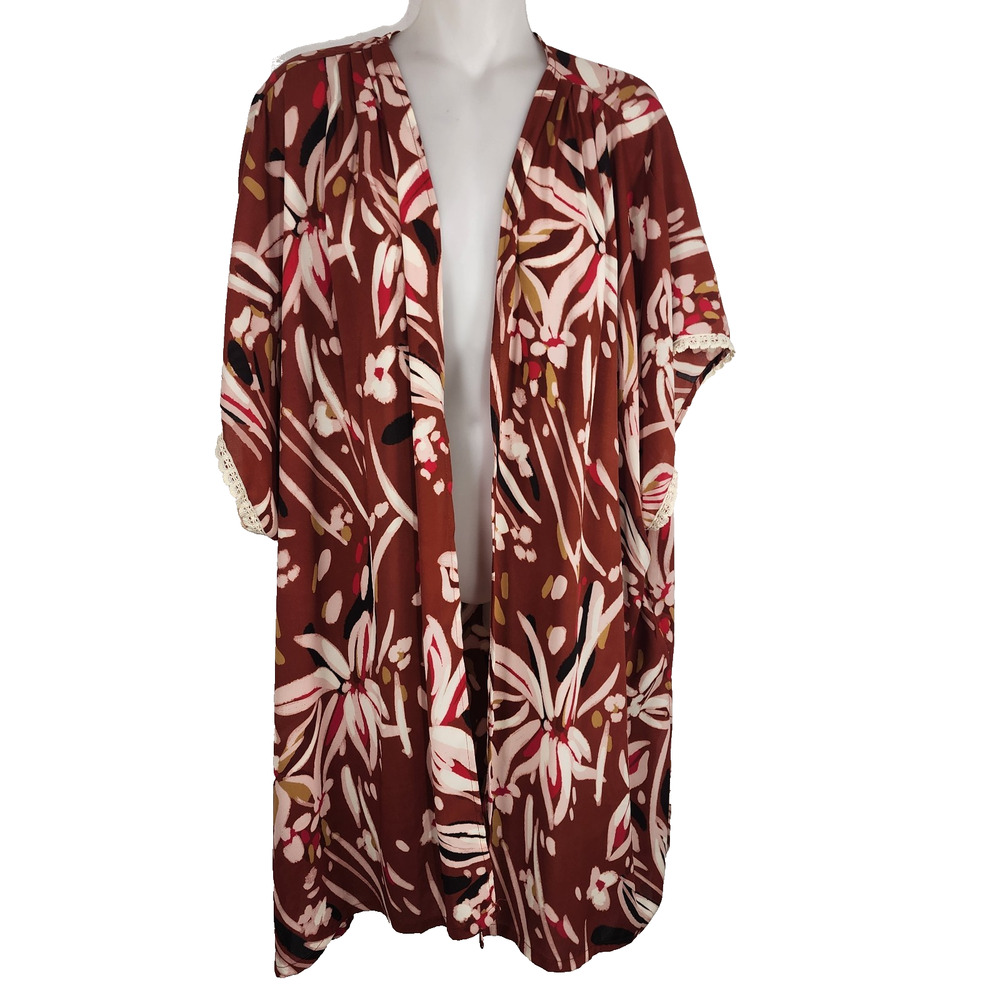 Maurices Womens Lace Trim Open Print Kimono Boho Flowy One Size Rust Brown Chic
